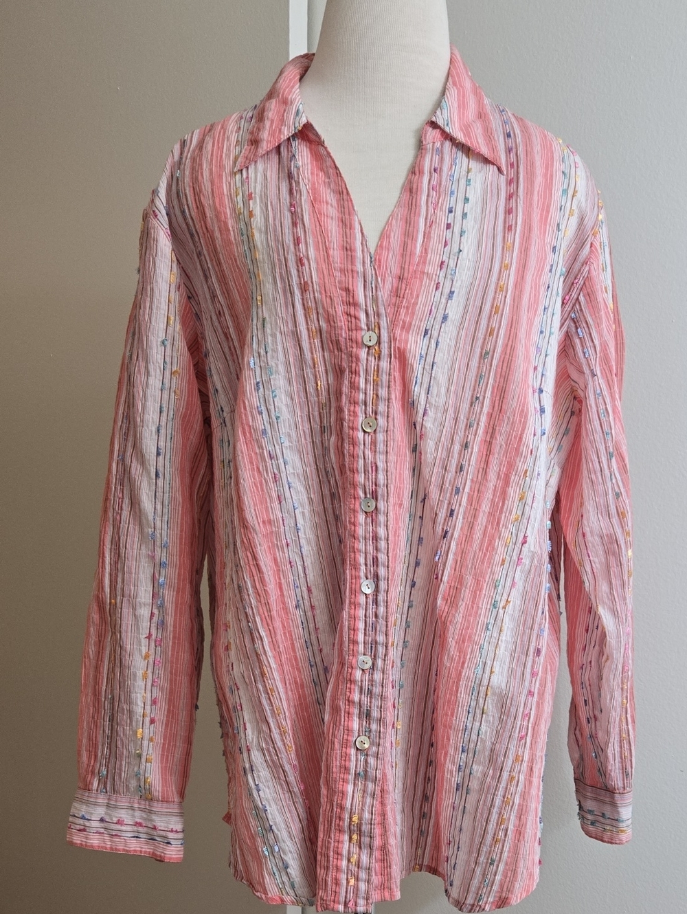 Coldwater Creek Pink Striped Button-Up Blouse